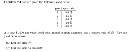 Problem 7.1 We are given the following yield curve: spot rate year 5.0% 4.5% 4.0 % 2 3 4.0% 4.0% 4 A 3-year $1,000 par value