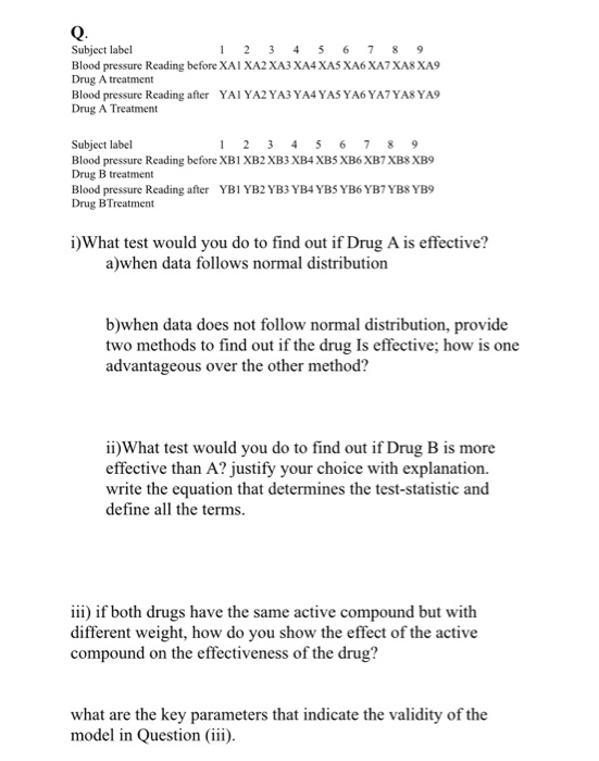 Subject label Blood pressure Reading before XAI XA2 XA3 ΧΑ4 XAS ΧΑ6XA7XA8 ΧΑ9 Drug A treatment Blood pressure Reading after Y