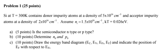 Problem 1 (25 points) Si at T = 300K contains donor impurity atoms at a density of 5x 106cm and acceptor impurity atoms at a