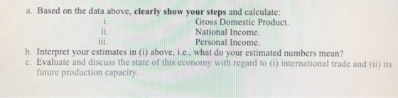 a. Based on the data above, clearly show your steps and calculate: Gross Domestic Product. National Income. Personal Income.