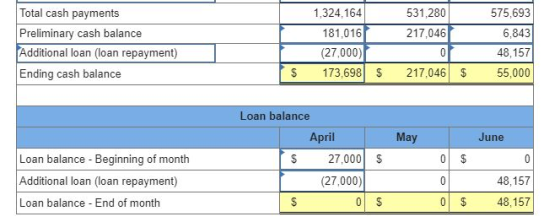 1,324,164 Total cash payments 575,693 531,280 181,016 6,843 Preliminary cash balance 217,046 Additional loan (loan repayment)