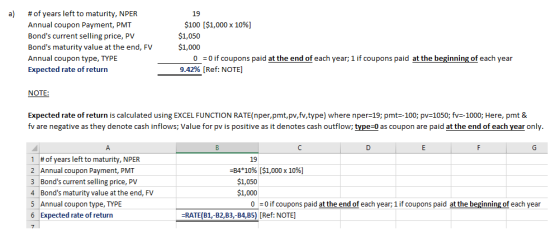 #of years left to maturity, NPER Annual coupon Payment, PMT a) 19 $100 [$1,000 x 10%] $1,050 Bonds current selling price, PV