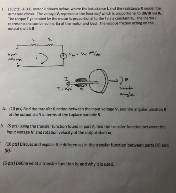 (30 pts) A D.C. motor is shown below, where the inductance L and the resistance R model the armature circuit. The voltage Vb