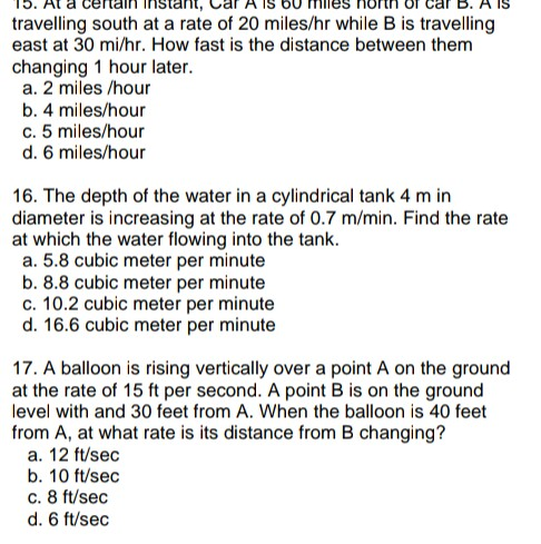 travelling south at a rate of 20 miles/hr while B is travelling east at 30 mi/hr. How fast is the distance between them chang