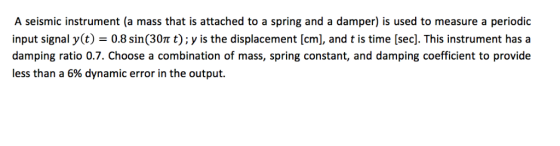 A seismic instrument (a mass that is attached to a spring and a damper) is used to measure a periodid input signal y(t) 0.8 s
