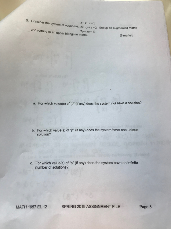 5. Consider the syst em of equations: 2x-y+z2. Set up an augmented matrix and reduce to an upper triangular matrix. 5 marks a