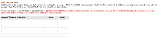 Brief Exercise 22-6 In 2017, Novak Corporation discovered that equipment purchased on January 1, 2015, for $45,000 was expens