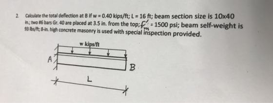 Calculate the total deflection at B if w- 0.40 kips/ft; L 16 ft; beam section size is 10x40 in, two #6 bars Gr. 40 are placed