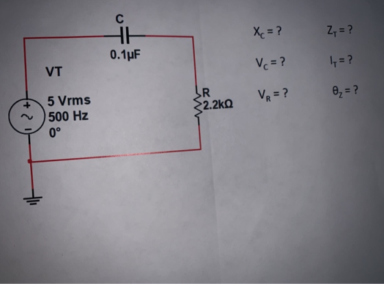 VT 5 Vrms 0° Xc = ? Vc = ? va = ? h=? 500 Hz 2.2㏀