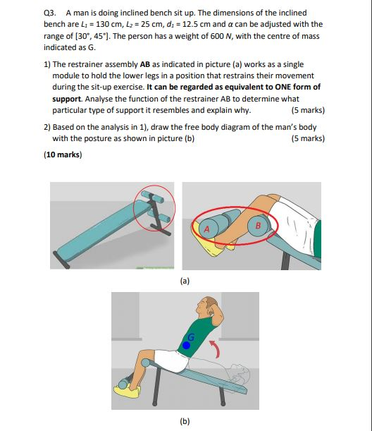 03 A man is doing inclined bench sit up. The dimensions of the inclined bench are L 130 cm, L2 25 cm, d 12.5 cm and a can be