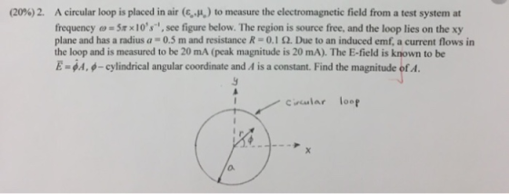 A circular loop is placed in air (E-H) to measure the electromagnetic field from a test system at (20%)2. frequency 5xx10s,