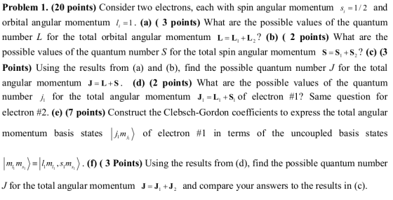 Problem 1. (20 points) Consider two electrons, each with spin angular momentum s,-1/2 and orbital angular momentum ,-1. (a) (