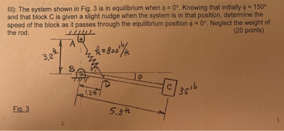 Ill): The system shown in Fig. 3 is in equilibrium when ф :00. Knowing that initially ф-1500 and that block C is given a slig