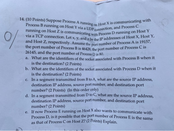 14. (10 Points) Suppose Proces A running on Host Process B running on Host Y vi running on Host Z is communicating with Proce