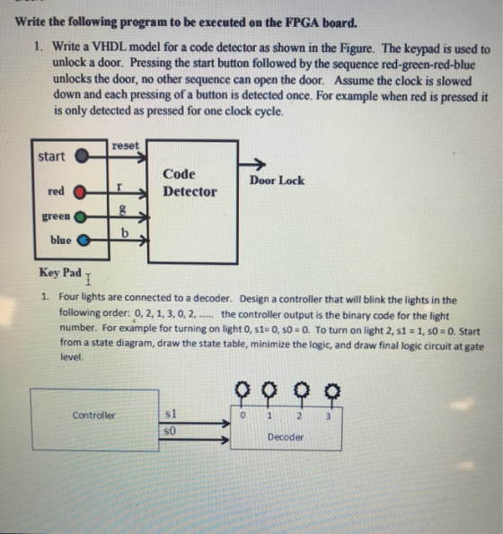 Write the following program to be executed on the FPGA board. 1. Write a VHDL model for a code detector as shown in the Figur
