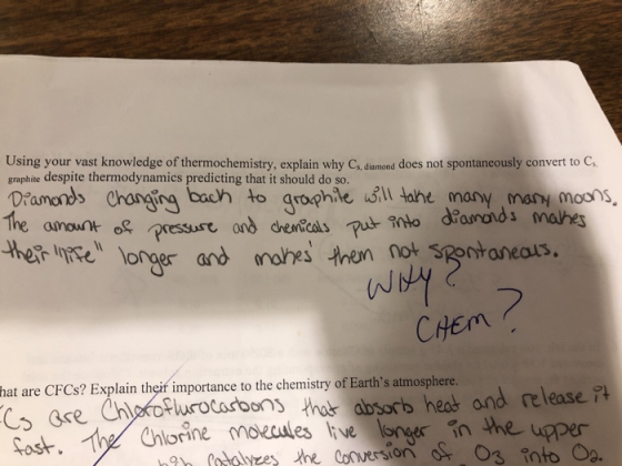 Using your vast knowledge of thermochemistry, explain why C, diamond does not spontaneously convert to C graphite despite the