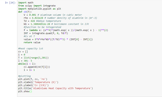 In [24]: import math from scipy import integrate import matplotlib.pyplot as plt def cV(T): V -0.091 # aluminum volume in cub