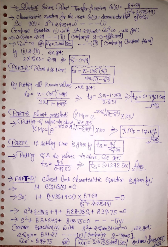 Slutian Given Plant are functin G)ay characteistic eatien dthe hen Gls)= derominade Pe Gls) So gs)= S+2.9us+9=0 Compare equat