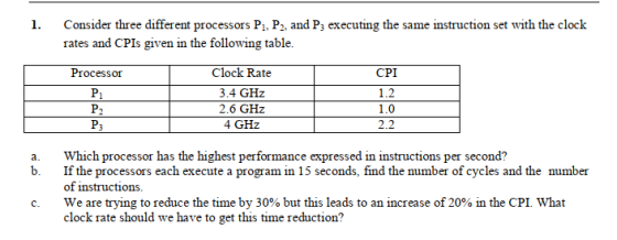 Consider three different processors Pi, P2, and P3 executing the same instruction set with the clock rates and CPIS given in