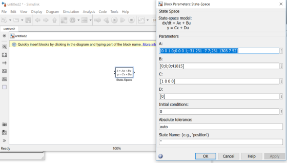 untitled2 . Simulink Block Parameters: State-Space State Space State-space model File Edit View Display Diagram Simulation A