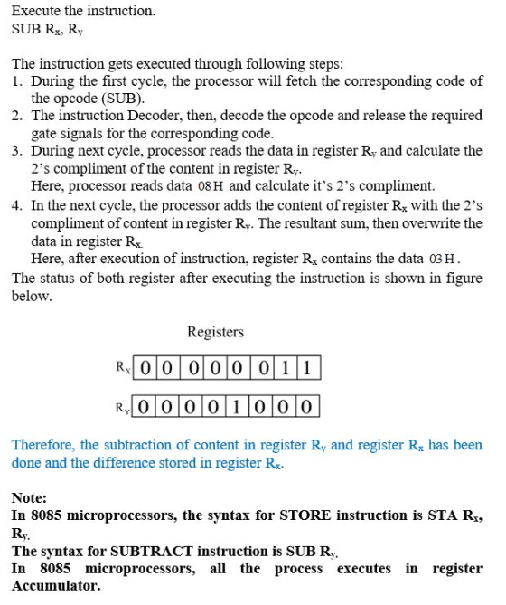 Execute the instruction SUB Rx, Ry The instruction gets executed through following steps: 1. During the first cycle, the proc