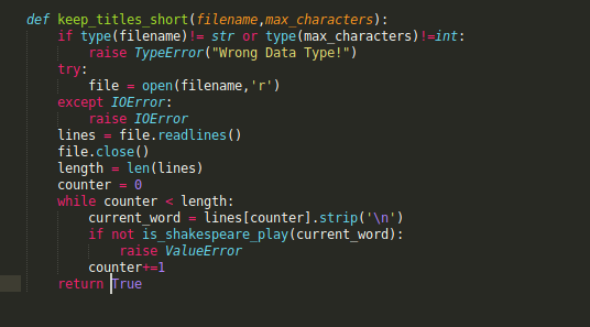 def keep_titles_short(filename , max_characters): if type(filename) ! raise TypeError ( Wrong Data Type!) try: file type (m