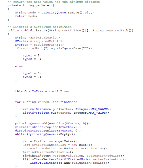 // return the node which has the minimum distance private String getVetex () { priorityQueue.remove ).city; String node retur