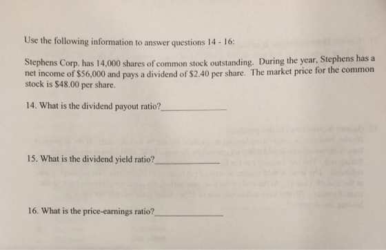 Use the following information to answer questions 14- 16 Stephens Corp. has 14,000 shares of common stock outstanding. During