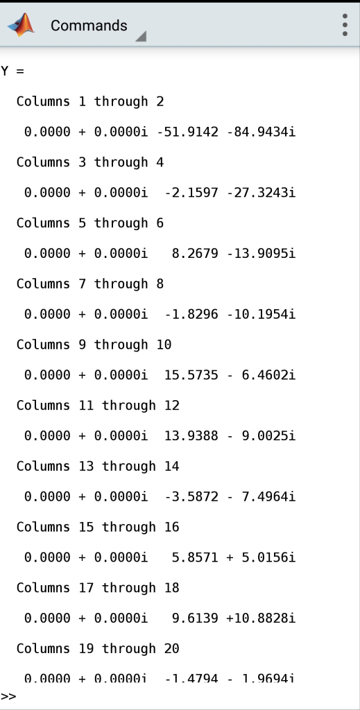 Commands Columns 1 through 2 0.00000.0000i -51.9142 -84.9434i Columns 3 through 4 0.0000 0.0000i -2.1597 -27.3243i Columns 5