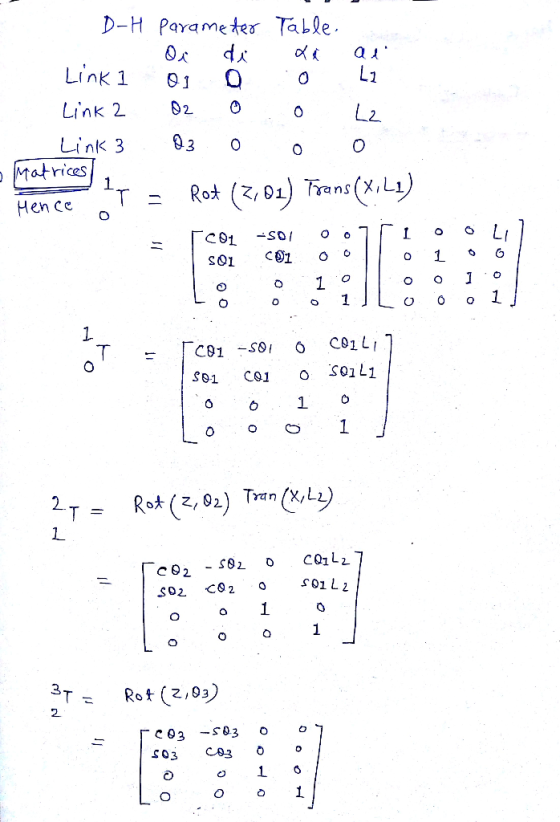 Talle D-H Parameter a dA L1 Link 1 L2 2 Link 2 Link 3 O Matrices 1 Rot (,01) rans(x,L) Hen ce -SO [C01 1 1 C C 1. C01 L C81