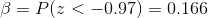 \beta=P(z<-0.97)=0.166