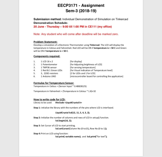 EECP3171 - Assignment Sem-3 (2018-19) Submission method: Individual Demonstration of Simulation on Tinkercad Demonstration Sc