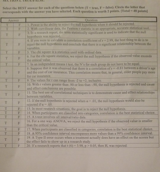 Select the BEST answer for each of the questions below (I true, F- false). Cirele the letter that corresponds with the answer