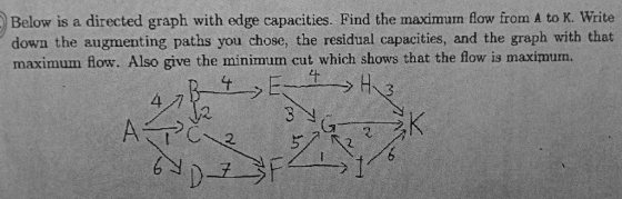 Below is a directed graph with edge capacities. Find the maximum flow from A to K. Write down the augmenting paths you chose,