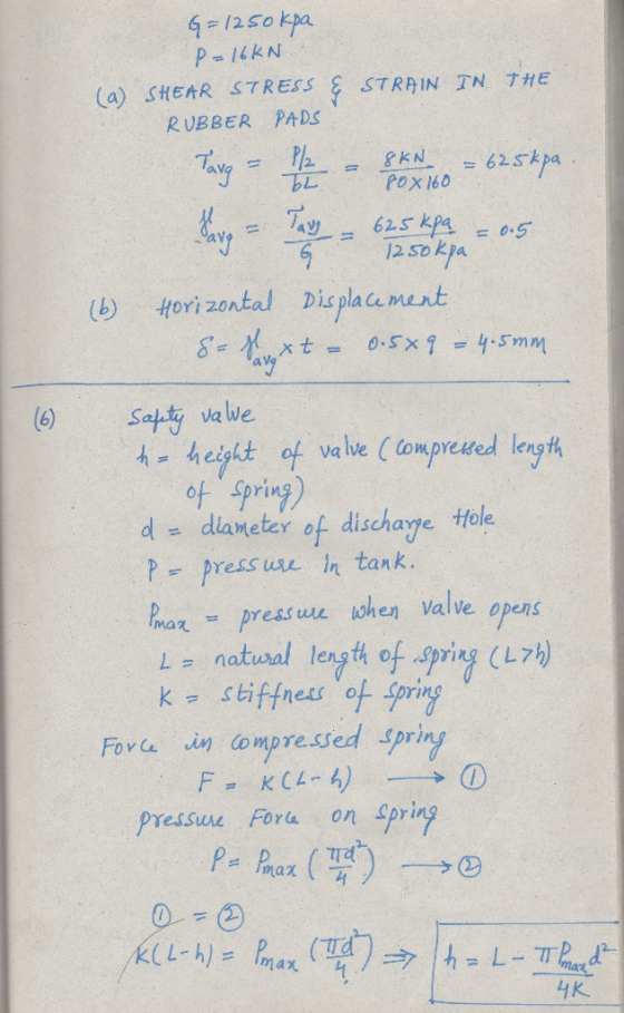 (a) SHEAR STRESS STRAIN TN THE RUBBER PADS avs (b Hori zontal Displacument h= heert ,of vale ( ompreued length of spring) d =