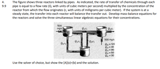 The figure shows three reactors linked by pipes. As indicated, the rate of transfer of chemicals through each pipe is equal t