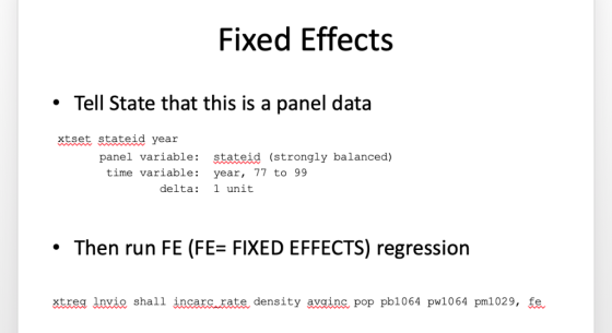 Fixed Effects Tell State that this is a panel data xtset stateid vear panel variable: stateid (strongly balanced) time variab