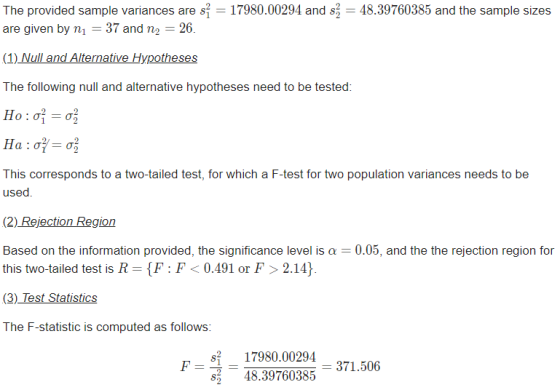 The provided sample varai 17980.00294 and 2 48.39760385 and the sample sizes are given by n137 and n2 26 (1) Null and Alterna