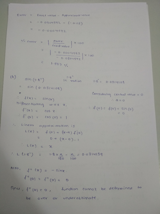 EvOY Exatt value App roximate value 304542-o03) o.ooo.1 592. exad value -0,030너59 2 (b) sin () 1.3 sin (o 314108) Considesing
