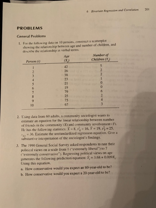 201 Bivariate Regression and Correlation 6 PROBLEMS General Problems 1. For the following data on 10 persons, construct a sca