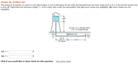 Chapter 08, Problem 066 The pressure at section (2) shown in the fiqure below is not to fall below 65 psi when the flowrate f