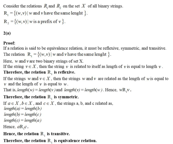 Consider the relations R, and R, on the set X of all binary strings R, (w,v) w and vhave the same lenght R,{(w, v)wis a prefi