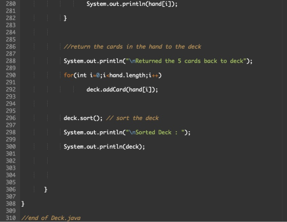 System.out.printLn(hand[i]); 280 281 282 283 284 285 /return the cards in the hand to the deck 286 287 System.out.println( nR