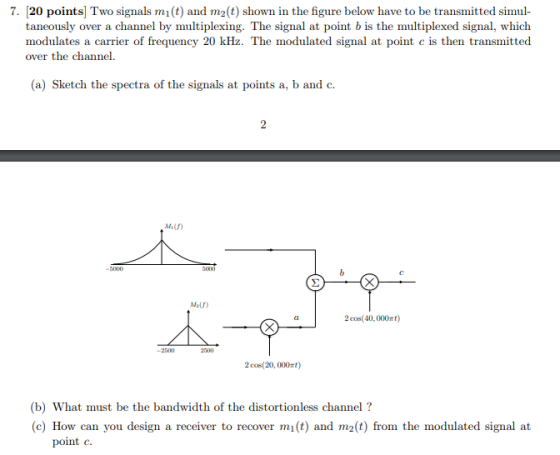 7. [20 points] Two signals mi(t) and m2(t) shown in the figure below have to be transmitted simul taneously over a channel by