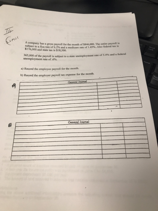 company has a gross payroll for the month of $846,000. The entire payroll is subject to a fica rate of 6.2% and a medicare ra