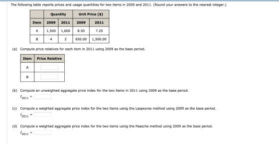 The following table reports prices and usage quantities for two items in 2009 and 2011. (Round your answers to the nearest in