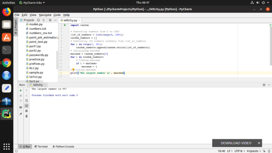 Activities PyCharm Edu Thu 08:47 Python [-/PycharmProjects/Python] ./Witchy.py [Python] -PyCharm File Edit View Navigate Coe