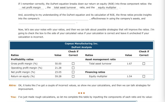 If I remember correctly, the DuPont equation breaks down our return on equity (ROE) into three component ratios: the net prof