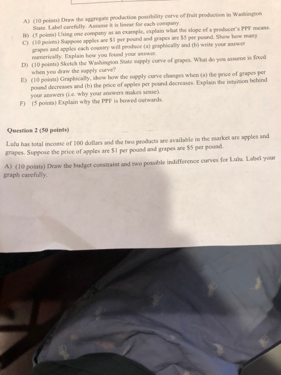 A) (10 points) Draw the aggregate production possibility curve of fruit production in Washington State. Label carefully. Assu