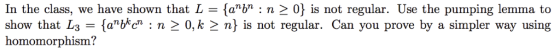 In the class, we have shown that L {abn·n > 0} is not regular. Use the pumping lemma to show that Ls -[ab*c: n 2 0, k 2 n]